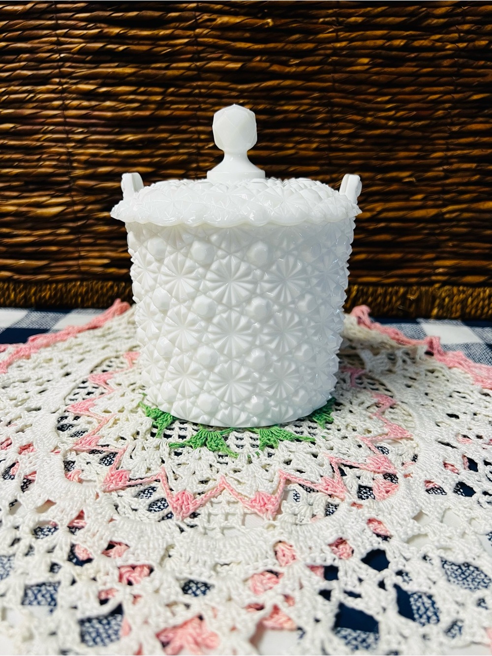 Vintage Fenton Milk Glass Daisy and Button Covered Candy Dish or Ice Bucket 60s